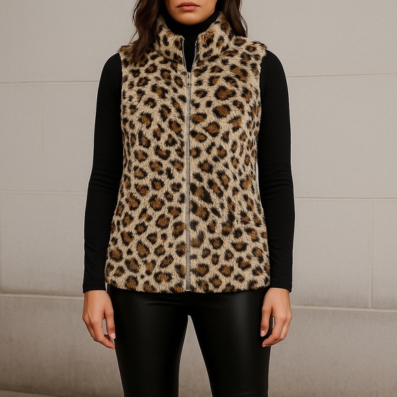 Lomon Leopard Print Faux Fur Fuzzy Zip Vest – Size Large - Picture 1 of 16